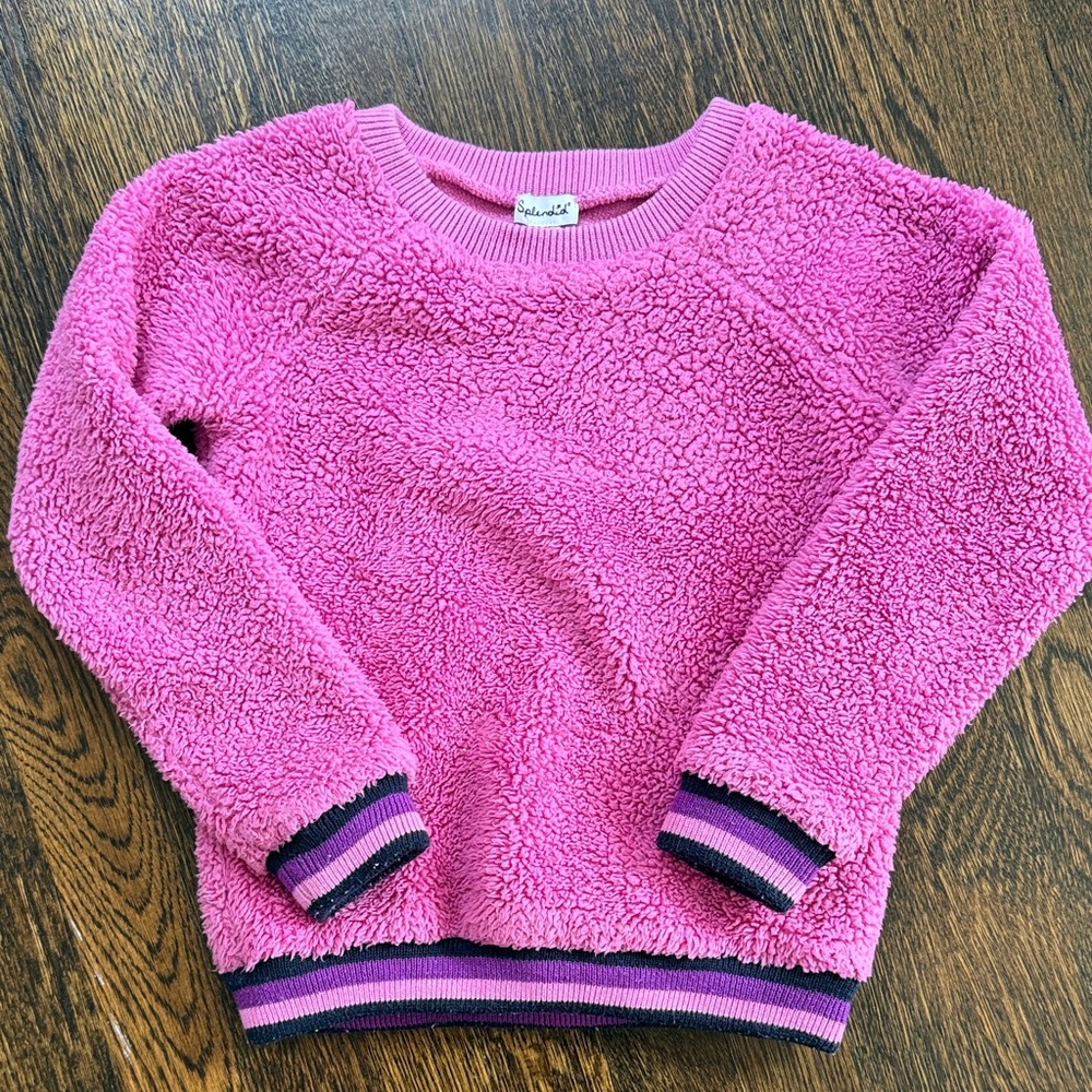 Splendid Bright Pink Sherpa Crewneck with Striped Trim